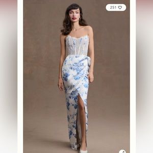 V. Chapman January Wrap Skirt Lace Corset Front Slit Column Gown Maxi Dress